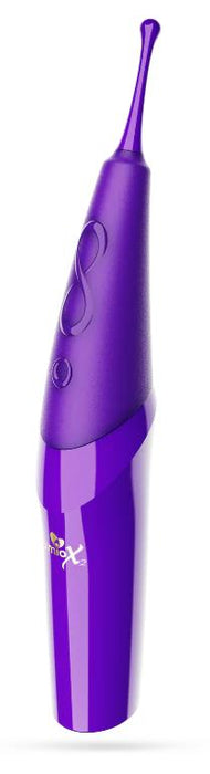 A purple Zumio X2 Rotating Clitoral Stimulator featuring a slim, tapered SpiroTip and ergonomic handle, designed for precise stimulation.