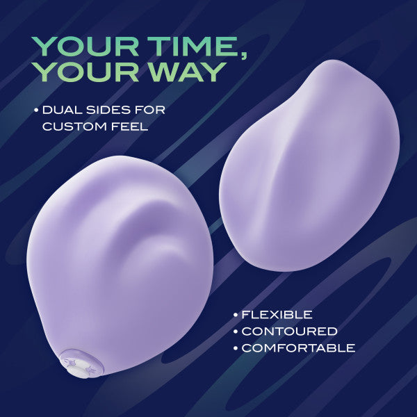 Two lavender Pulse Pad Squishy Silicone External Vibrators with Remote are shown on a dark background. Text: "Your Time, Your Way. Dual sides for custom feel. Flexible, contoured, comfortable—ideal for external stimulation and beginners.