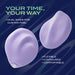 Two lavender Pulse Pad Squishy Silicone External Vibrators with Remote are shown on a dark background. Text: "Your Time, Your Way. Dual sides for custom feel. Flexible, contoured, comfortable—ideal for external stimulation and beginners.
