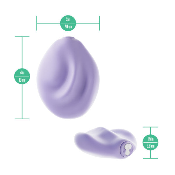 The Pulse Pad Squishy Silicone External Vibrator with Remote is a light purple, egg-shaped silicone vibrator with ridges, shown from two angles and green lines marking its size: 4 in (10 cm) long, 3 in (7.6 cm) wide, 1.5 in (3.8 cm) tall.