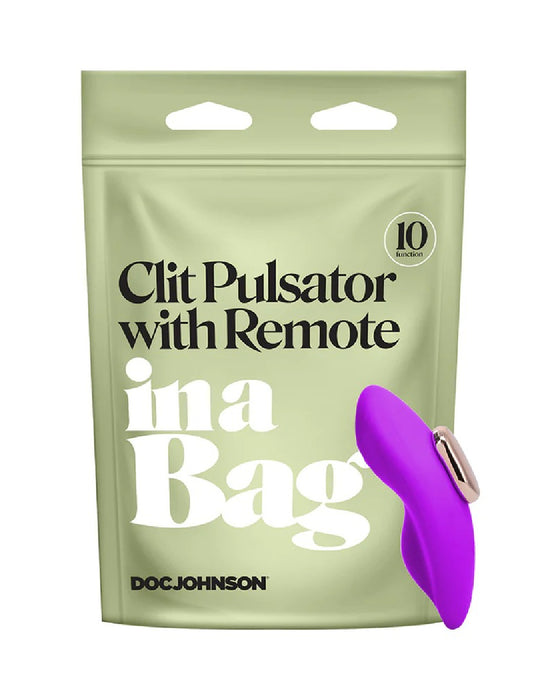 Panty Vibrator for Beginners in a Bag - Product packaging, light green bag with title Clit Pulsator with Remote in a Bag displayed on the front in a large font