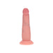 The Realrock Sliding Skin Dual Density Silicone Dildo 6 Inches – Vanilla stands upright on a flat base, showcasing its lifelike flesh-toned veined texture and rounded tip against a white background.