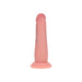 The Realrock Sliding Skin Dual Density Silicone Dildo 6 Inches – Vanilla features a lifelike, flesh-toned look with a rounded tip, veined texture, and flared base, standing upright against a white background.