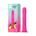 A pink ROMP Jiggle Thrusting Vibrator with Suction Base stands upright next to its colorful packaging, which displays the product name and highlights its hands-free use and innovative features.