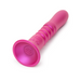 The ROMP Jiggle Thrusting Vibrator with Suction Base is a pink silicone toy featuring a ridged cylindrical shaft and flared suction base for hands-free play, shown against a white background.
