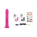 The ROMP Jiggle Thrusting Vibrator with Suction Base in pink, shown on a white background, comes with two instruction booklets, a USB charging cable, and a vibrant sticker sheet featuring fun designs and phrases.
