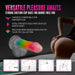 The Rainbow Rave Slim Glow in the Dark 6.5 Inch Silicone Dildo, featuring vibrant colors and a strong suction cup for hands-free play, is harness compatible and suitable for solo or partner use. A person poses suggestively in the background.