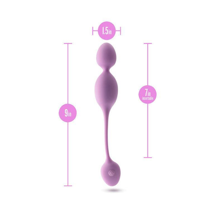 The Raine Vibrating Kegel Ball with Remote Control is a purple silicone double-ended exerciser designed for pelvic floor strengthening, with dimensions of 9 inches in total length, 7 inches insertable, and a width of 1.5 inches at the widest point.