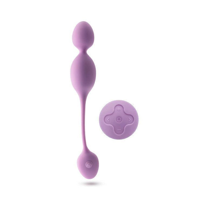 The Raine Vibrating Kegel Ball with Remote Control is ergonomically shaped, available in purple, and features a wireless remote with a four-button interface. It has two bulbous ends connected by a flexible shaft, perfect for pelvic floor exercises.