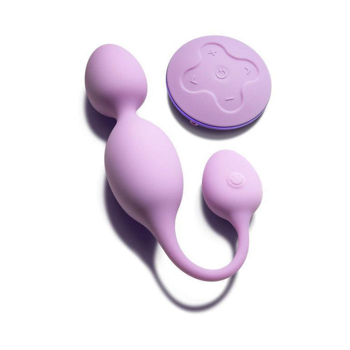 The Raine Vibrating Kegel Ball with Remote Control is a purple adult toy featuring bulbous kegel balls linked by a flexible cord and comes with a round wireless remote control with buttons.
