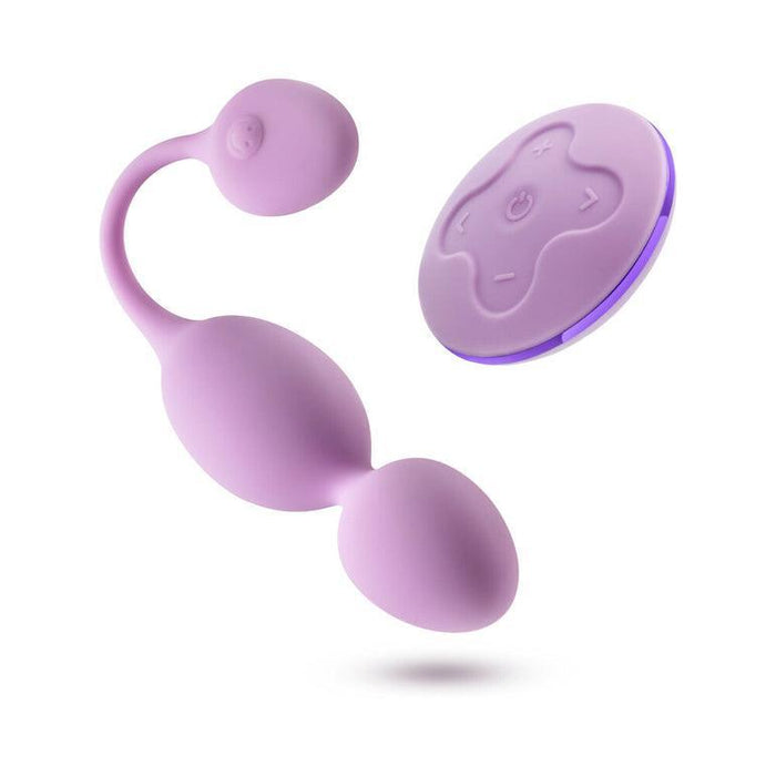 The Raine Vibrating Kegel Ball with Remote Control is a lavender personal massager featuring kegel balls at each end of a flexible shaft, and includes a matching oval remote for wireless control to enhance pelvic floor wellness.