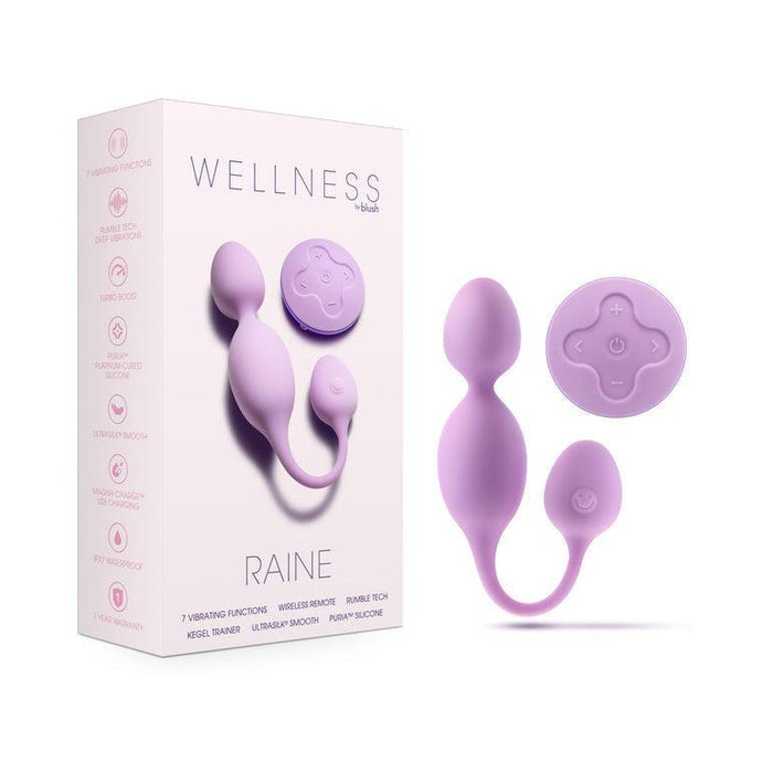 Image of a purple Raine Vibrating Kegel Ball with Remote Control, alongside its packaging. The box displays the brand "Wellness by Blush" and highlights features like vibrating functions and body-safe silicone, ideal for pelvic floor strengthening.