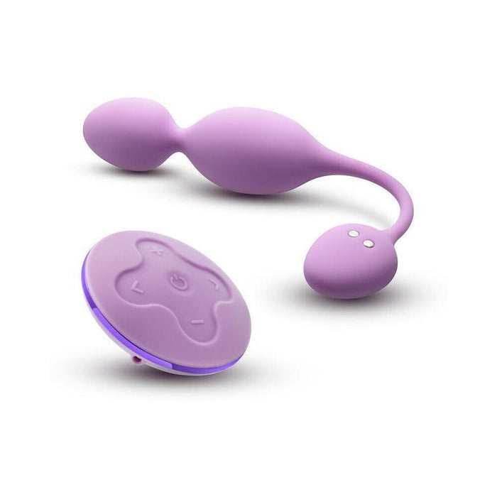 The Raine Vibrating Kegel Ball is a purple, egg-shaped wireless vibrator with a smaller bulb and flexible tail. It includes a matching circular wireless remote, and both are elegantly displayed on a white background.