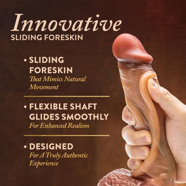 A hand holds the Raphael Ultra Realistic Long 9.5 Inch Silicone Dildo with Sliding Foreskin, crafted from silicone with a lifelike design, flexible shaft, natural gliding movement, and strap-on compatible construction.