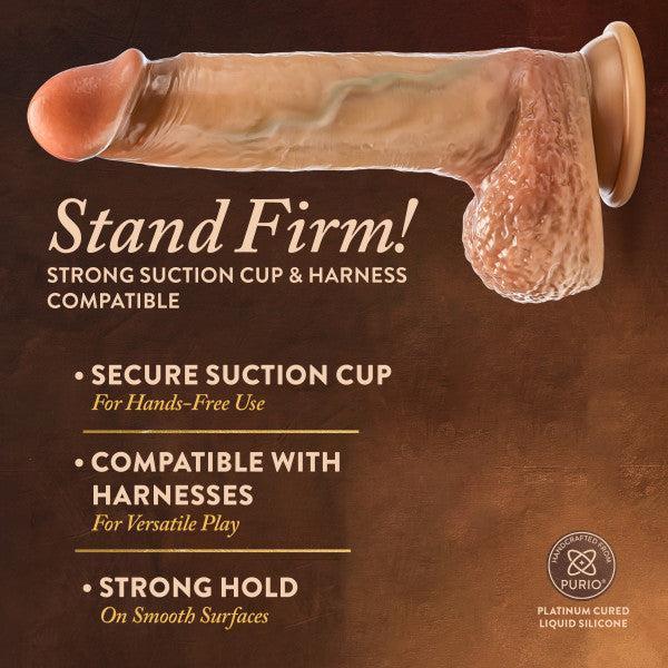 The Raphael Ultra Realistic Long 9.5 Inch Silicone Dildo with Sliding Foreskin in tan offers a lifelike feel, strong suction cup base, strap-on compatibility, and secure hold—featuring the Purio logo at the bottom right.