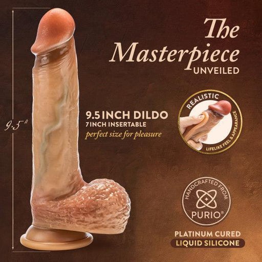 The Raphael Ultra Realistic Long 9.5 Inch Silicone Dildo with Sliding Foreskin features a detailed, lifelike look, strap-on compatibility, suction base, and labeled details, shown on a dark background with product info.