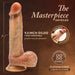 The Raphael Ultra Realistic Long 9.5 Inch Silicone Dildo with Sliding Foreskin features a detailed, lifelike look, strap-on compatibility, suction base, and labeled details, shown on a dark background with product info.
