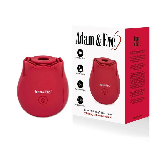 The Ravishing Suction Rose Clitoral Air Pulsation Vibrator, a red silicone stimulator from Adam & Eve, is displayed beside its box, featuring 10 modes of air pulsation and convenient magnetic charging.