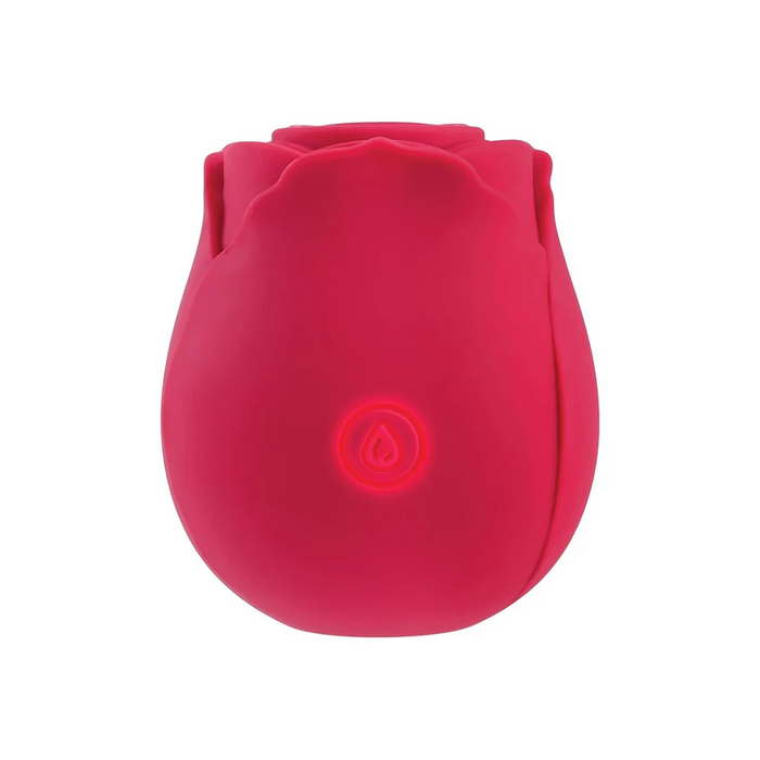 The Ravishing Suction Rose Clitoral Air Pulsation Vibrator is a red, rose-shaped silicone sex toy with a glowing power button symbol on the front, shown against a plain white background.