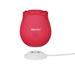The Ravishing Suction Rose Clitoral Air Pulsation Vibrator is a red, rose-shaped silicone toy labeled "Adam & Eve," with a front power button. Below it sits a white charging base with an attached cable for convenient recharging.