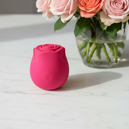 The Ravishing Suction Rose Clitoral Air Pulsation Vibrator, shaped like a pink rose, rests on a white marble surface in front of a glass vase filled with pink and peach roses.