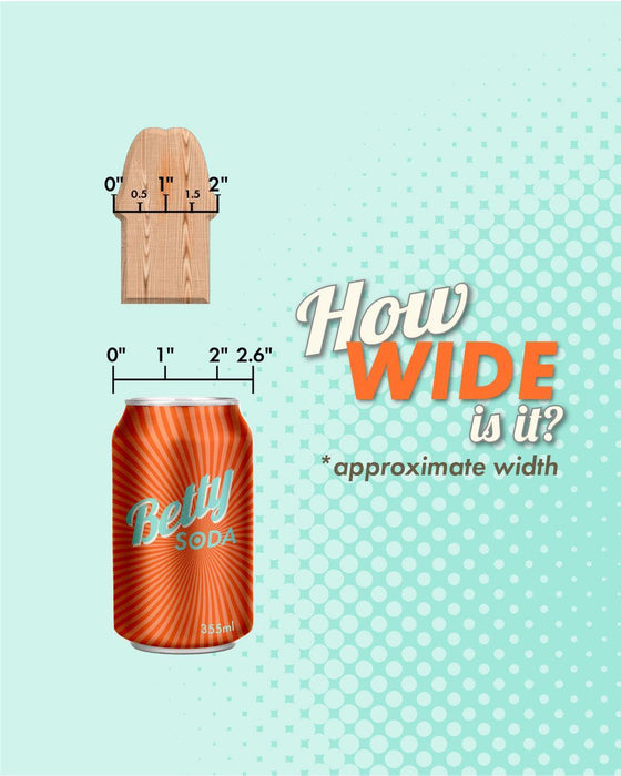 An illustrated comparison of the Realcocks Uncut Fat Dick Sliding Foreskin 9 Inch Dildo’s width and a "Betty Soda" can (2.6" wide), both with measurements. Text: “How WIDE is it? *approximate width”.