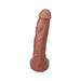 The Realistic Cock Squirting 9.5 Inch Suction Cup Dildo in Caramel features a pointy tip and is crafted from Ultraskyn material for lifelike realism.