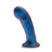 The Rebellion Small 5.75 Inch Blue Silicone Beginner & Pegging Dildo features a shimmery blue body with purple accents, a curved textured shaft, flared base, and is made from platinum-cured silicone. Photographed on a white background.