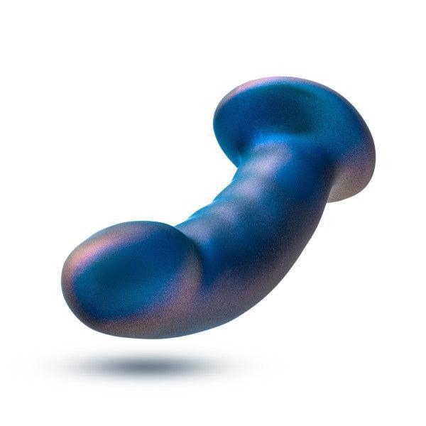 The Rebellion Small 5.75 Inch Blue Silicone Beginner & Pegging Dildo, made from shimmery platinum-cured silicone with a curved, textured shape and rounded ends, is shown against a white background—perfect for strap-on and pegging play.