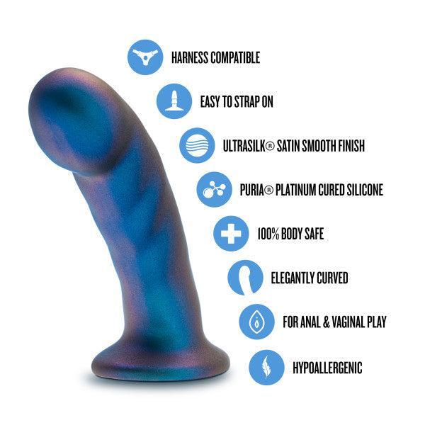 The Rebellion Small 5.75 Inch Blue Silicone Beginner & Pegging Dildo stands upright, displaying icons for harness compatibility, strap-on and pegging use, Satin Smooth platinum-cured silicone, body-safe, and elegantly curved for versatile pleasure.