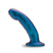 The Rebellion Small 5.75 Inch Blue Silicone Beginner & Pegging Dildo, with a shimmery blue platinum-cured silicone and purple iridescent curved, textured shaft plus a flared base, stands upright against a white background.