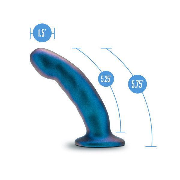 The Rebellion Small 5.75 Inch Blue Silicone Beginner & Pegging Dildo is a shimmering toy with a curved shape, flared base, 1.5" width, 5.25" insertable length, and total length of 5.75", made from platinum-cured silicone.