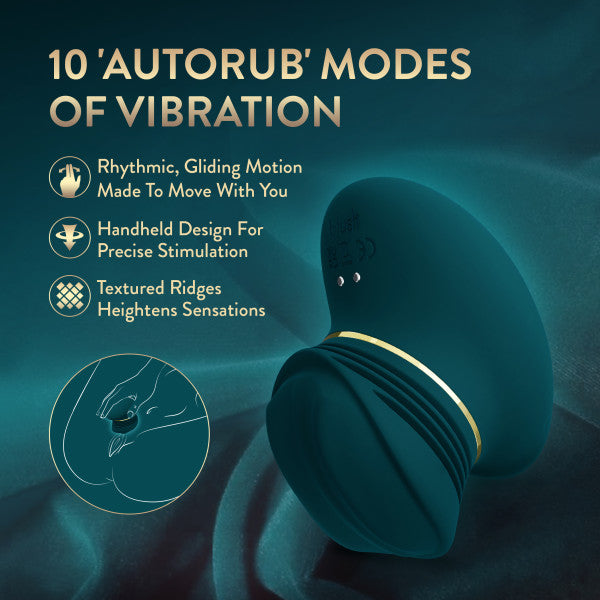 The Riana Circular Clitoral Rubbing Vibrator, shown in teal, features 10 AutoRub vibration modes, rhythmic gliding motion, a handheld design, and textured ridges to heighten sensations; made from body-safe silicone.