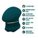 The Riana Circular Clitoral Rubbing Vibrator, shown in dark green with a gold accent and ridged texture, features 10 vibration modes, an ergonomic design, body-safe silicone, smooth finish, waterproofing, and USB rechargeability.