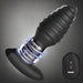 The Rimmers Textured Rotating Rimming Butt Plug with Remote is shown in black, featuring ribbed textures, a flared base, and a matching remote labeled “RIMMERS” with buttons for easy control. Glowing lines highlight its vibrating function.