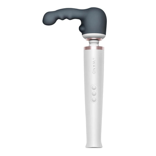 The Ripple Weighted G-Spot or Prostate Wand Attachment is a white handheld massager with a gray, textured, curved body-safe silicone top, three handle buttons, and "Le Wand" written vertically.