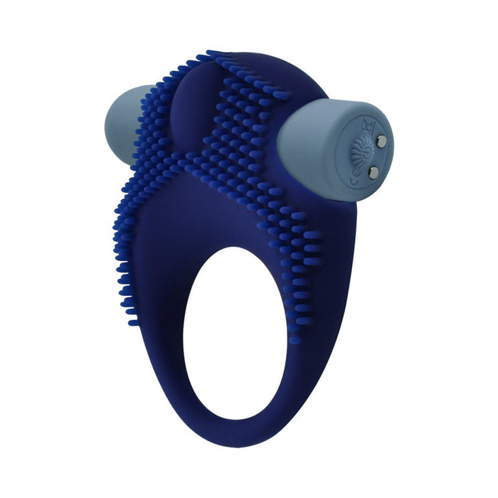 The Rockin' Rumbler Stretchy Vibrating Penis Enhancers Set of 3 features blue silicone rings with textured spikes and light-blue vibrating tips, designed for adult use and shown on a white background.