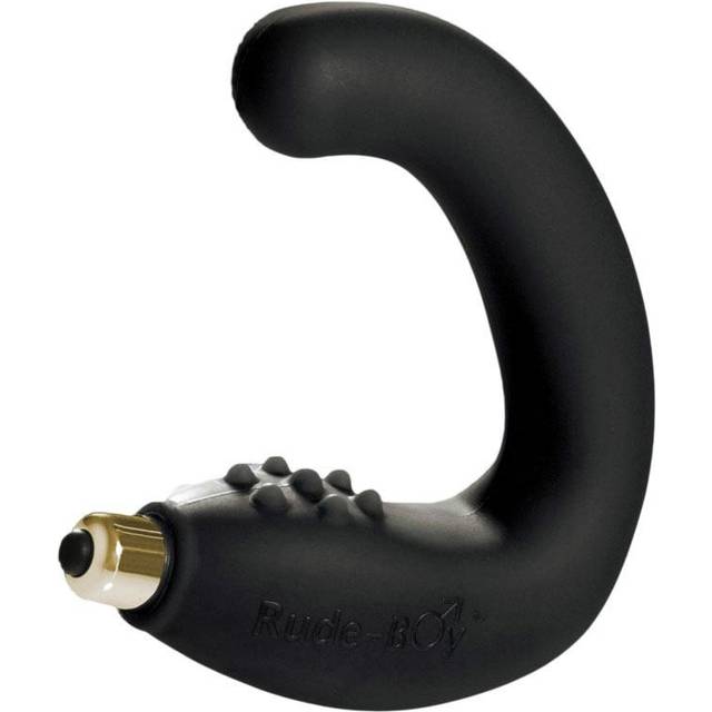 The Rude-Boy Dual Prostate & Perineum Stimulator is a curved black silicone massager with a gold base and textured bumps, designed for targeted prostate and perineum pleasure.