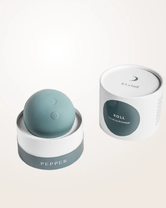 Two modern, minimalist-style wellness products: a splashproof Pepper Roll container and a USB rechargeable vibrating massage sphere, both presented in stylish packaging with a soft color palette.