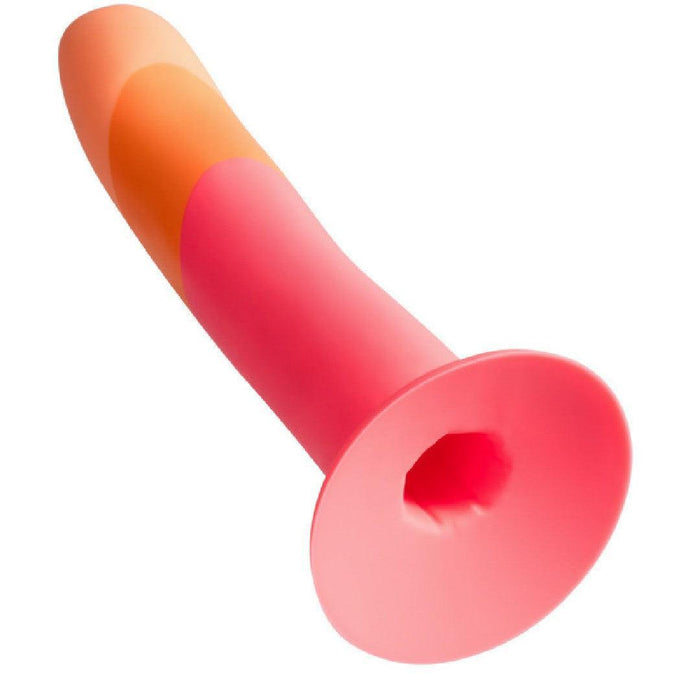 The Romp Dizi Ultra Smooth 7 Inch G-Spot Dildo features a pink and orange silicone body, smooth curved shape, flared base, and suction cup for hands-free play. Designed for p-spot and g-spot stimulation.