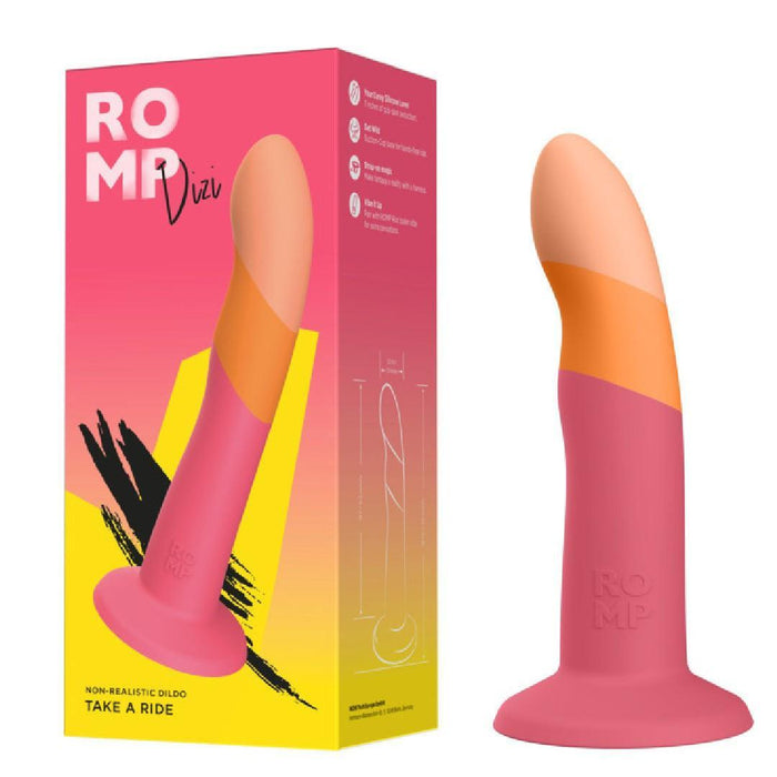 A pink and orange Romp Dizi Ultra Smooth 7 Inch G-Spot Dildo with a suction cup stands next to its vibrant packaging. Harness compatible, it's crafted for g-spot and p-spot play, all in a bright, modern box.