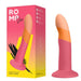 A pink and orange Romp Dizi Ultra Smooth 7 Inch G-Spot Dildo with a suction cup stands next to its vibrant packaging. Harness compatible, it's crafted for g-spot and p-spot play, all in a bright, modern box.