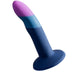 The Romp Piccolo Sleek First Time 5 Inch Silicone Dildo features a suction cup base, curved tapered shape, colorful pink, light blue, and dark blue bands, and “ROMP” embossed on the base—ideal for G-spot or anal play.