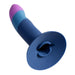 The Romp Piccolo Sleek First Time 5 Inch Silicone Dildo with Suction Cup, in blue and purple, features a curved shaft for anal play and a flat, round suction base. Its angled view highlights the flared base and tip designed for targeted pleasure.