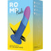 The Romp Piccolo Sleek First Time 5 Inch Silicone Dildo with Suction Cup comes in a blue and yellow box featuring the toy’s blue body and pink tip, with the tagline “Hit the Right Note.” Ideal for g-spot or anal play exploration.
