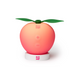 The Romp Pink Peach Pleasure Air Clitoris Stimulator is a peach-shaped, beginner-friendly sex toy with two green leaves and "+" and "-" controls, resting on a white base labeled “ROMP.”.
