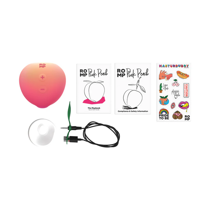 The Romp Pink Peach Pleasure Air Clitoris Stimulator includes a pink, peach-shaped stimulator with buttons, a white suction accessory with Pleasure Air Technology, black USB charging cable, two instruction booklets, and playful food and pride-themed stickers.