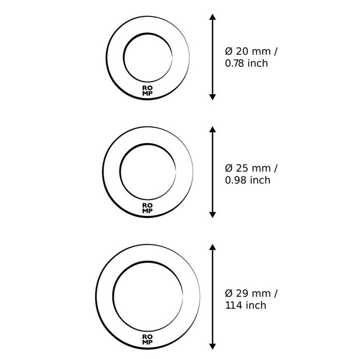 Diagram displays the Romp Remix Easy to Use Cock Ring Trio: three stretchy silicone rings labeled with diameters 20 mm (0.78"), 25 mm (0.98"), and 29 mm (1.14"). Each ring is marked "ROMP" for longer lasting erections.
