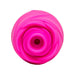 The Romp Rose 2 Pleasure Air Clitoris Stimulator, seen from above, is a bright pink silicone device shaped like a rose with layered petals and a small central hole for clitoral stimulation against a white background.