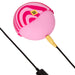The Romp Spin Small Discreet Pleasure Air Clitoral Stimulator is a pink, oval-shaped travel-size vibrator with magenta stripes, a yellow "ROMP" label, and comes with a yellow cable and black USB charging cord.